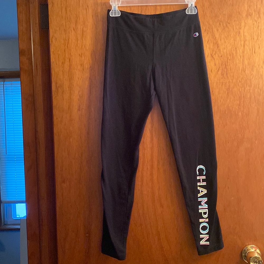 Champion Girl’s Black Leggings with Pastel Color Champion Label On Right Leg